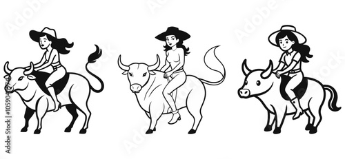 cartoon rodeo cowgirl riding bull