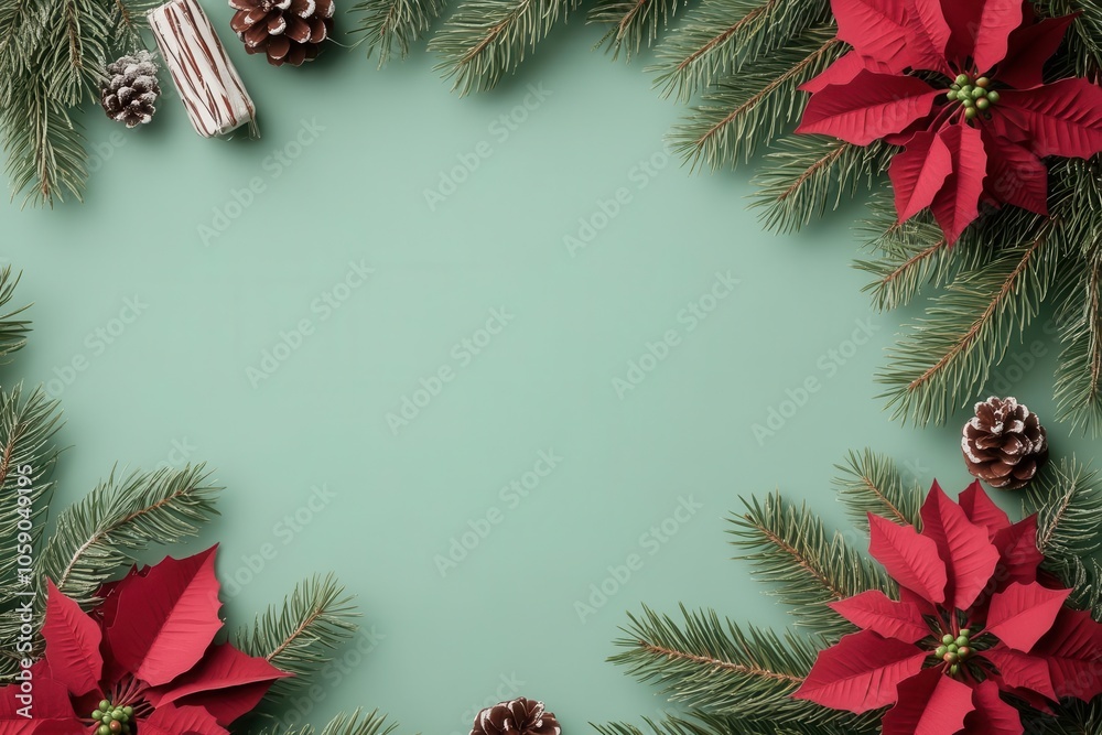 Holiday wreath frame, poinsettias and pine needles, flat design illustration Holiday wreath frame, poinsettias and pine needles, flat design illustration