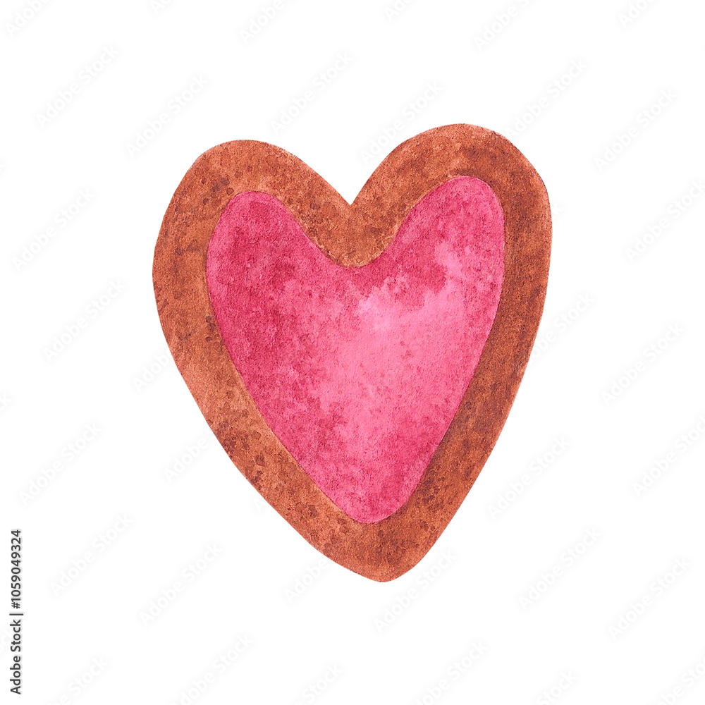 Fototapeta premium Hand drawn watercolor heart cookie isolated on white background. Can be used for postcard, label, scrapbook and other printed products.