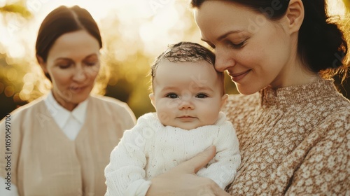 Newborn in mother s arms, midwife by side, golden sunlight, warm scene, family joy, nurturing, birth s first embrace, close connection photo