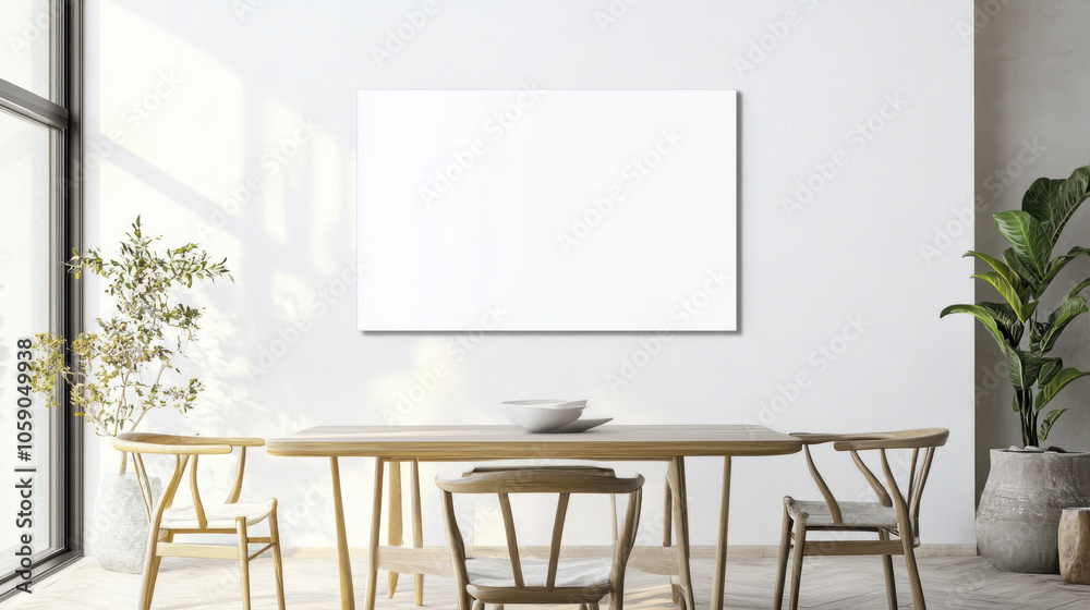 Wall art mock up, blank white canvas on minimalistic wall in bright room Wall art mock up, blank white canvas on minimalistic wall in bright room