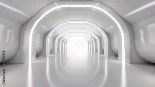 White Background 3D Room Light: Abstract Space Technology Tunnel Stage Floor. Empty White Future 3D Neon Background Studio Futuristic Corridor Render with Modern Interior Silver Road and Black Wall