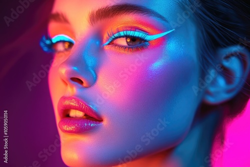 Fashion model showing neon fluorescent makeup in pink and blue light