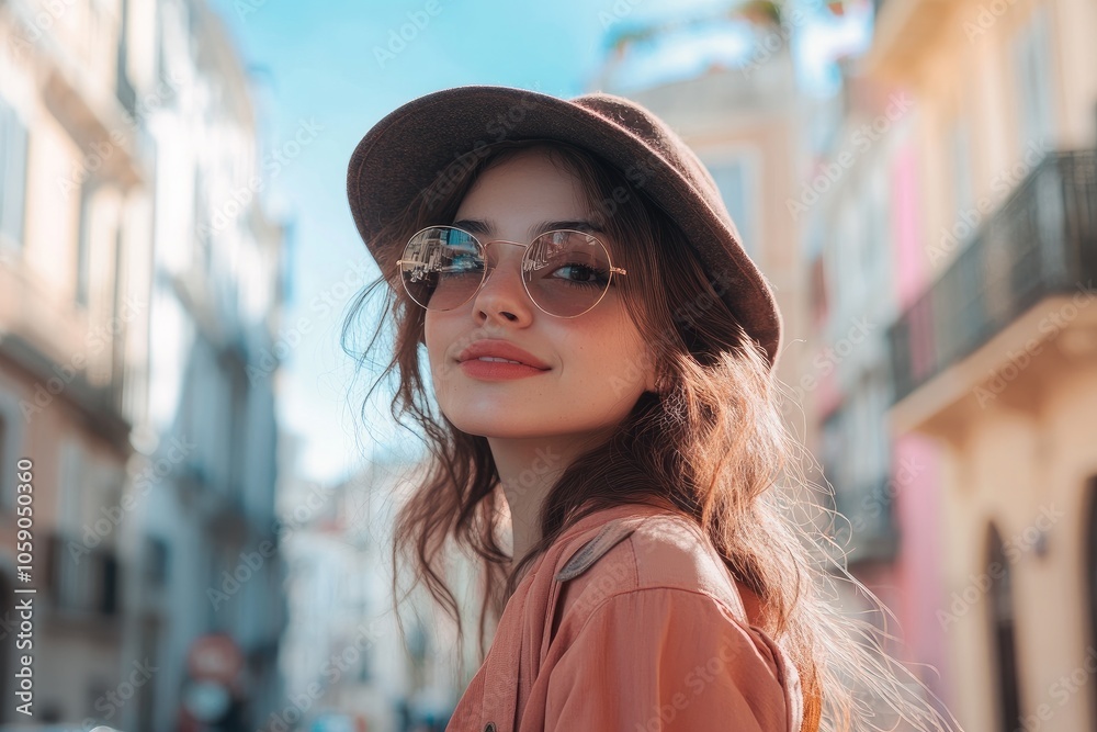 Young stylish woman wearing hat and sunglasses is walking down the street in a sunny summer day Young stylish woman wearing hat and sunglasses is walking down the street in a sunny summer day