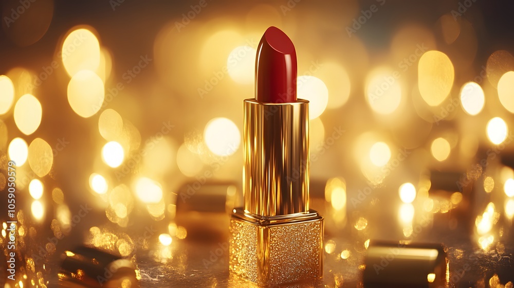 Luxury red lipstick with gold metallic case against bokeh background, warm candlelight glow, deep burgundy color, glamorous beauty product photography. Luxury red lipstick with gold metallic case against bokeh background, warm candlelight glow, deep burgundy color, glamorous beauty product photography.