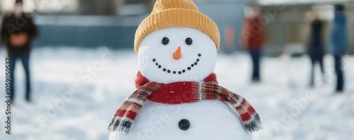 Students building a snowman in the schoolyard, festive winter fun, scarves and mittens, snowcovered ground, Christmas joy in the air photo