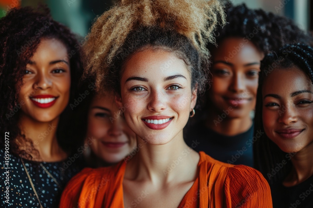Fototapeta premium Five young women smiling and posing together