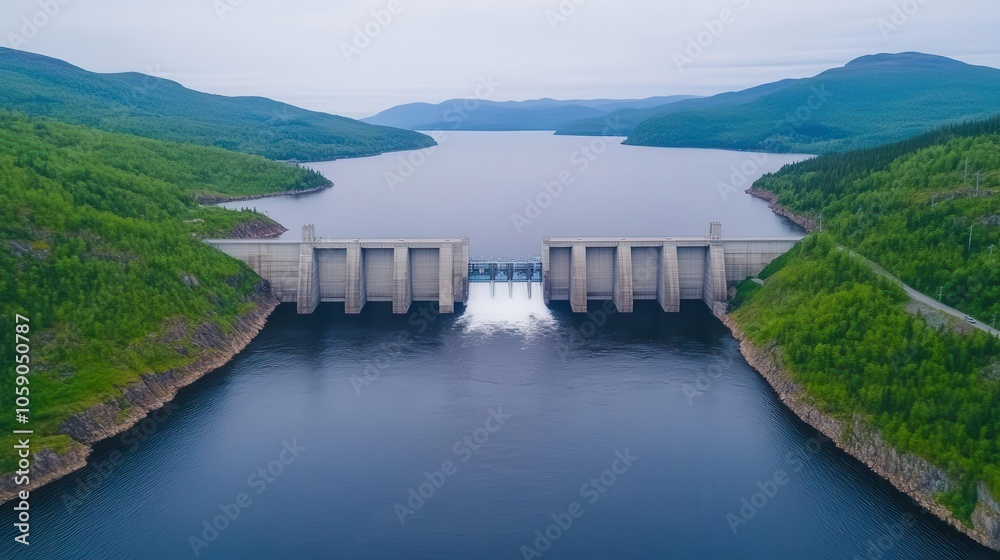 Fototapeta premium Water flowing over hydroelectric dam, powerful movement, renewable resources