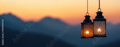 View of lanterns against mountain silhouettes at sunset, Nature s Light Festival, blending tradition with nature photo