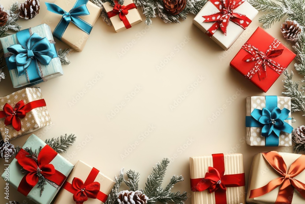 Winter gift frame, presents and festive bows, flat design illustration Winter gift frame, presents and festive bows, flat design illustration