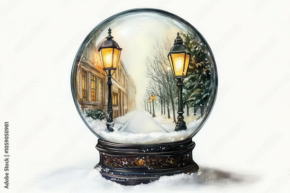 Winter snow globe, Victorian-style street lamp, isolated on white, nostalgic feel, watercolor style Winter snow globe, Victorian-style street lamp, isolated on white, nostalgic feel, watercolor style