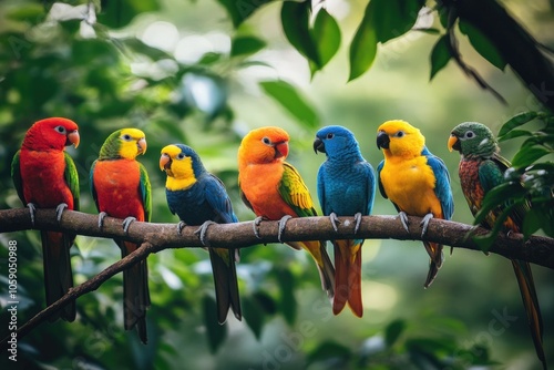 Colorful parrots perching on a branch in tropical forest