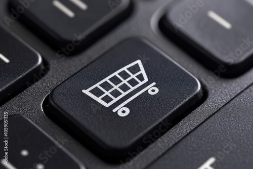 Shopping cart icon key on computer keyboard representing online shopping