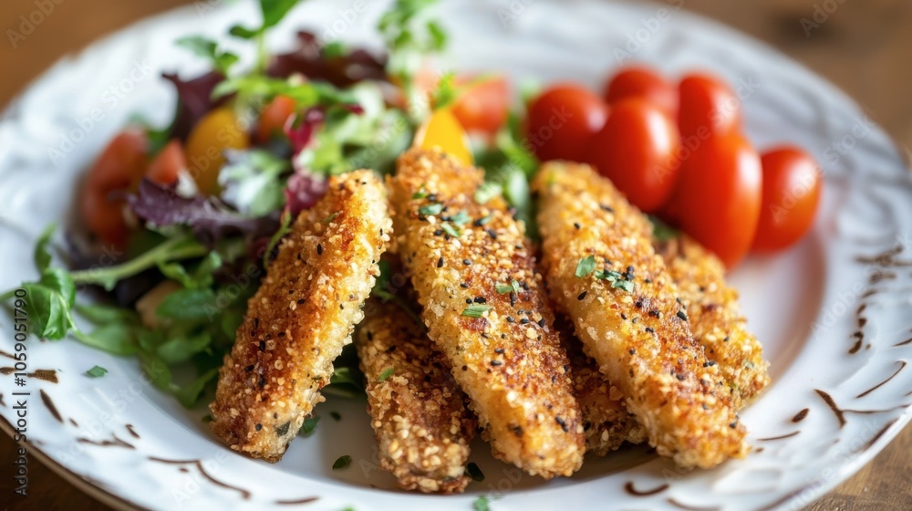Crispy Fried Fillets with Fresh Salad and Cherry Tomatoes Crispy Fried Fillets with Fresh Salad and Cherry Tomatoes