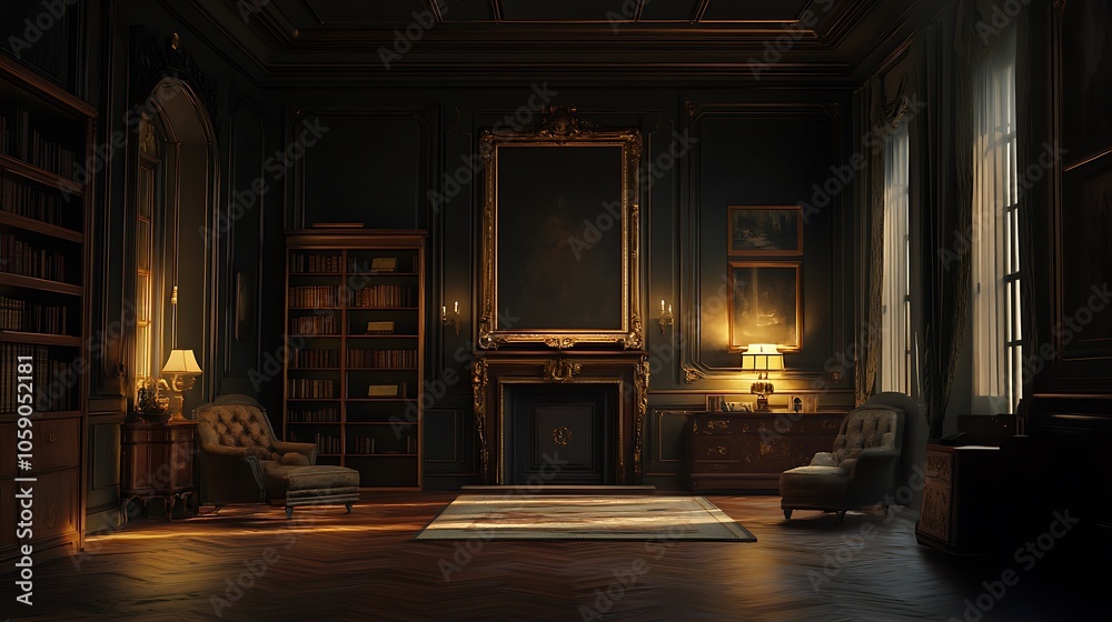 A dimly lit, elegant room featuring bookshelves, armchairs, and a fireplace, creating a cozy atmosphere. A dimly lit, elegant room featuring bookshelves, armchairs, and a fireplace, creating a cozy atmosphere.