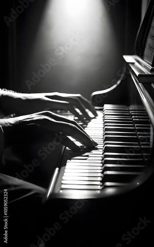 Black and white image of hands playing a piano