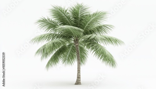 A tall palm tree with lush green fronds against a plain white background, symbolizing tropical environments and relaxation.