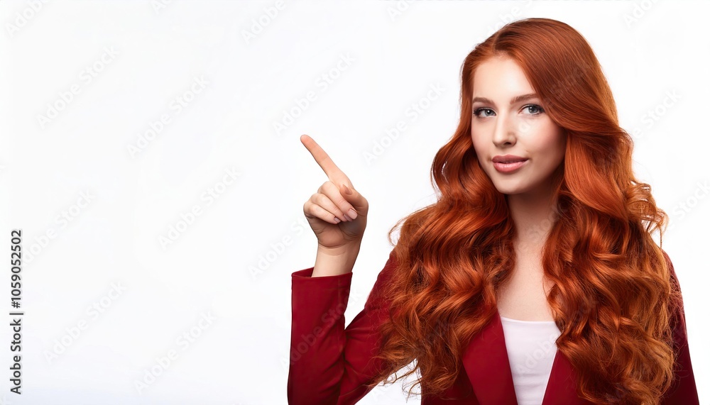 Portrait of a young woman with long red wavy hair pointing Portrait of a young woman with long red wavy hair pointing