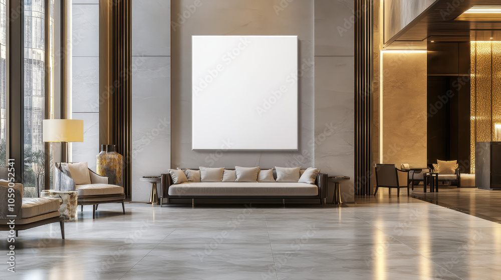 Wall art mock up, modern interior with blank canvas, elegant furniture, and warm lighting Wall art mock up, modern interior with blank canvas, elegant furniture, and warm lighting
