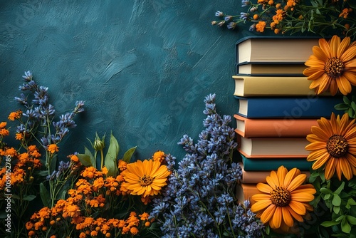 Stack of books, textbooks and flowers on blue background. School banner, study, education photo