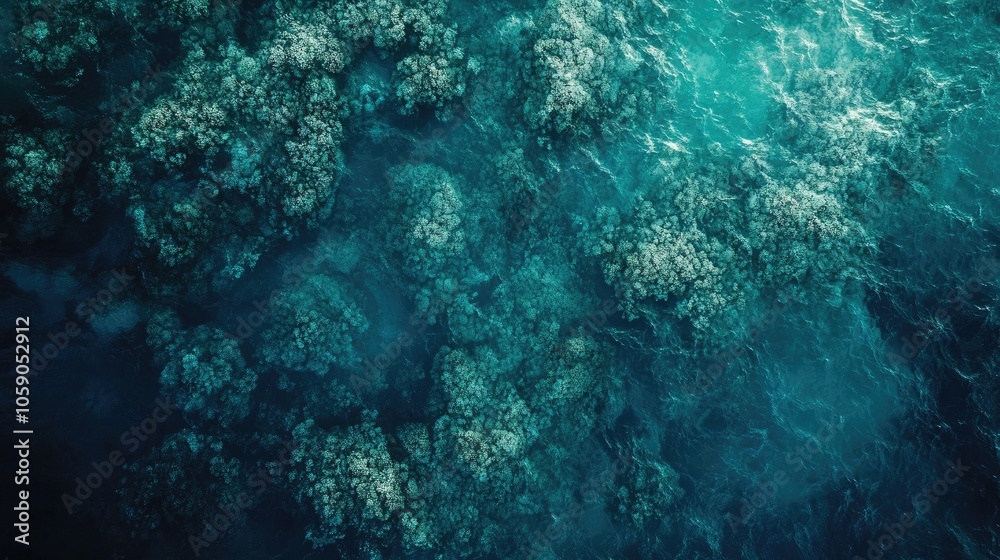 Fototapeta premium Aerial view of a turquoise ocean with patches of coral reefs, a beautiful underwater landscape.