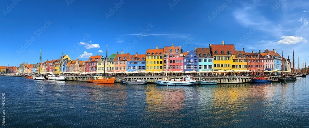 Fototapeta premium Panoramic view of colorful buildings along the harbor in Christianshavn, Denmark