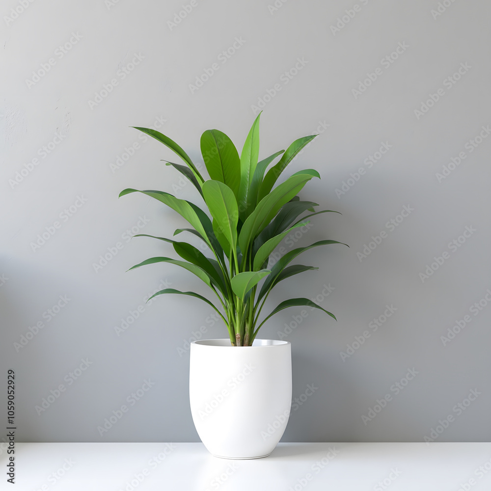 Minimalistic green plant in a white pot against a gray wall Minimalistic green plant in a white pot against a gray wall