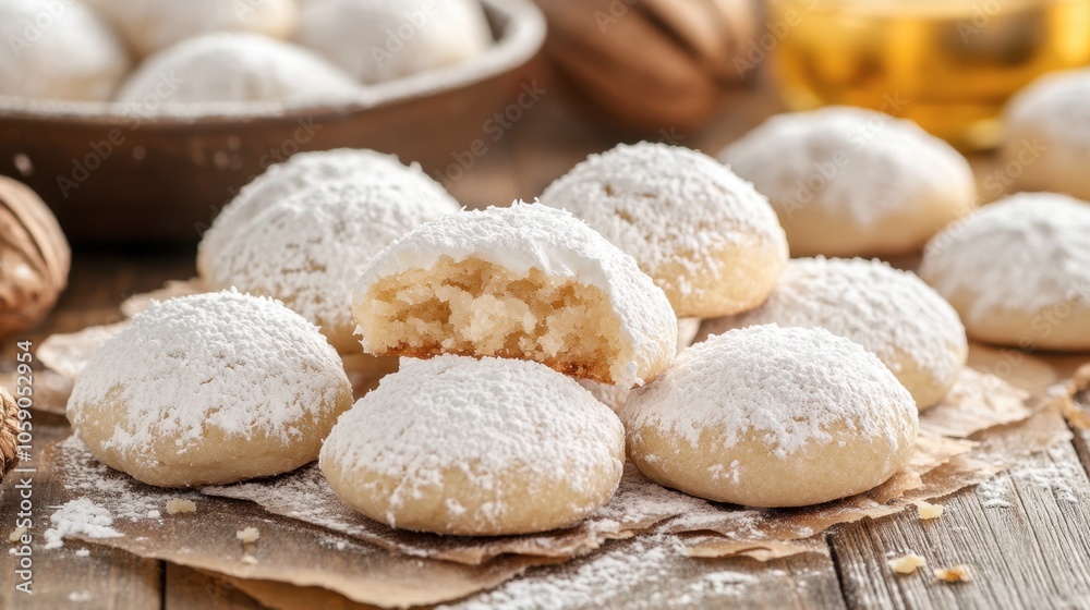 Powdered Sugar Cookies on Wooden Table Powdered Sugar Cookies on Wooden Table