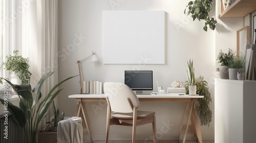 Wall art mock up, modern workspace featuring blank canvas, desk, and plants