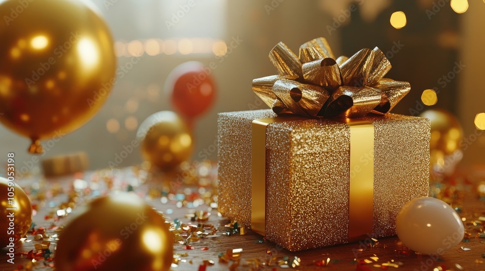 A gold gift box with a bow sits on a table surrounded by confetti and balloons, creating a festive atmosphere. A gold gift box with a bow sits on a table surrounded by confetti and balloons, creating a festive atmosphere.