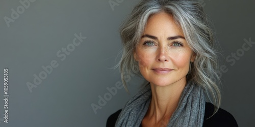 Portrait of an elderly woman with gray hair and makeup on a gray background. Beauty and fashion, style