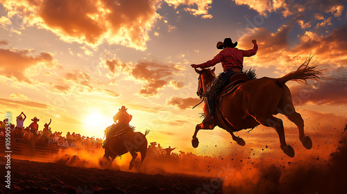 Cowboy riding horse during sunset at rodeo event, dust clouds and spectators in background. photo