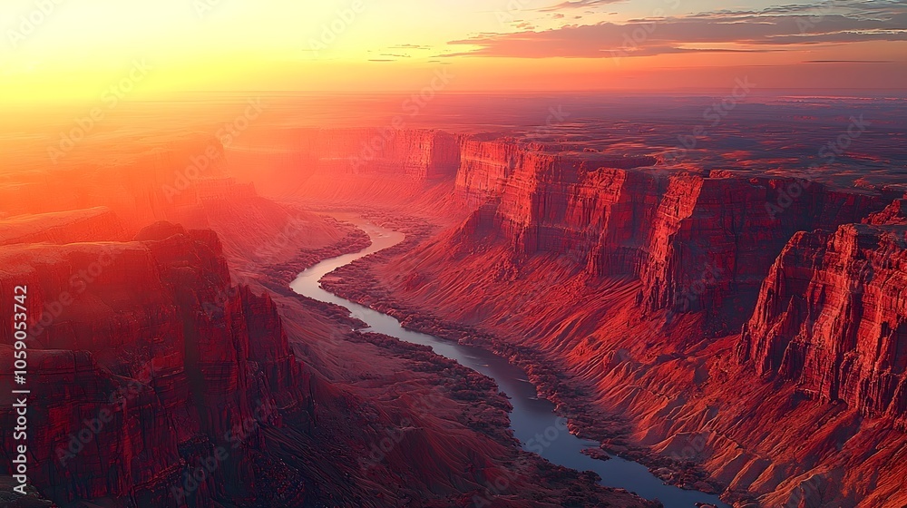 Fototapeta premium A breathtaking view of a canyon at sunrise, showcasing vibrant reds and oranges that create a stunning contrast with the blue sky and flowing river below.