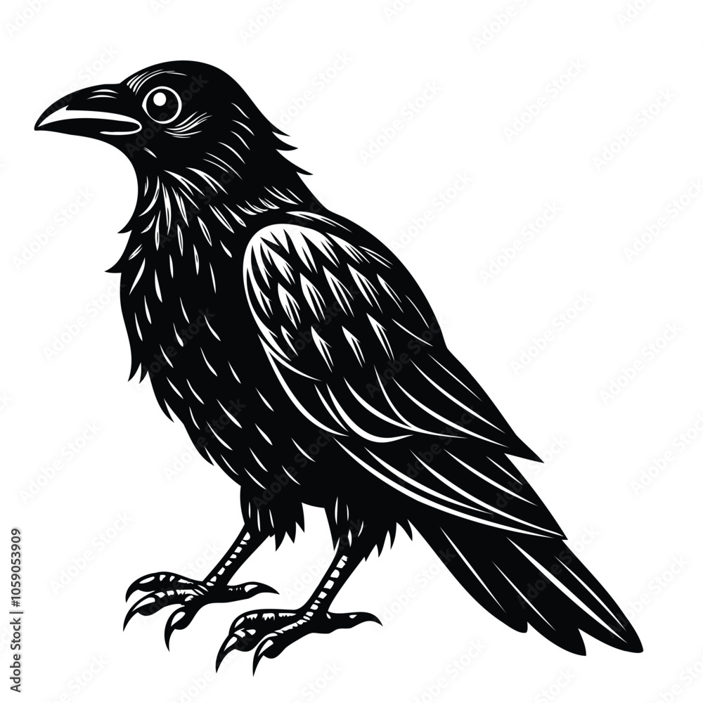 Fototapeta premium Detailed Black and White Raven Illustration