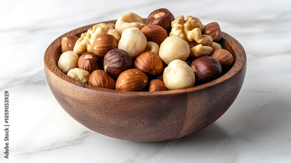 Mixed macadamia nuts in rustic wooden bowl, top view food photography on white marble table, organic healthy snacks styling with natural brown tones. Mixed macadamia nuts in rustic wooden bowl, top view food photography on white marble table, organic healthy snacks styling with natural brown tones.