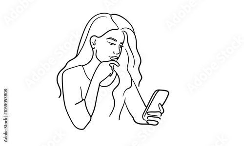 Girl holding phone continuous line art drawing isolated on white background. Lady line art. Vector illustration