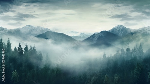 A misty mountain landscape with a touch of snow.  The trees in the foreground are blurred by the fog.