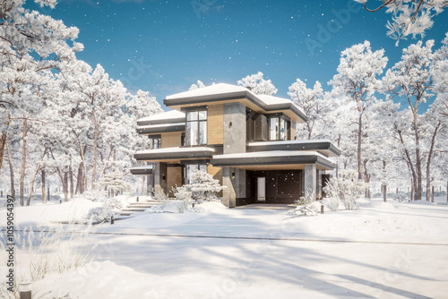 3d rendering of modern two story house with gray and wood accents, large windows, parking space in the right side of the building. Cool winter day with shiny white snow