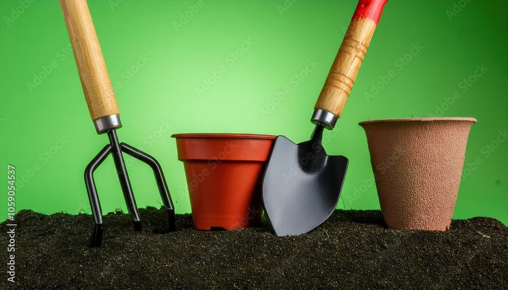 Rakes, shovel and pots on green background with space for text Rakes, shovel and pots on green background with space for text