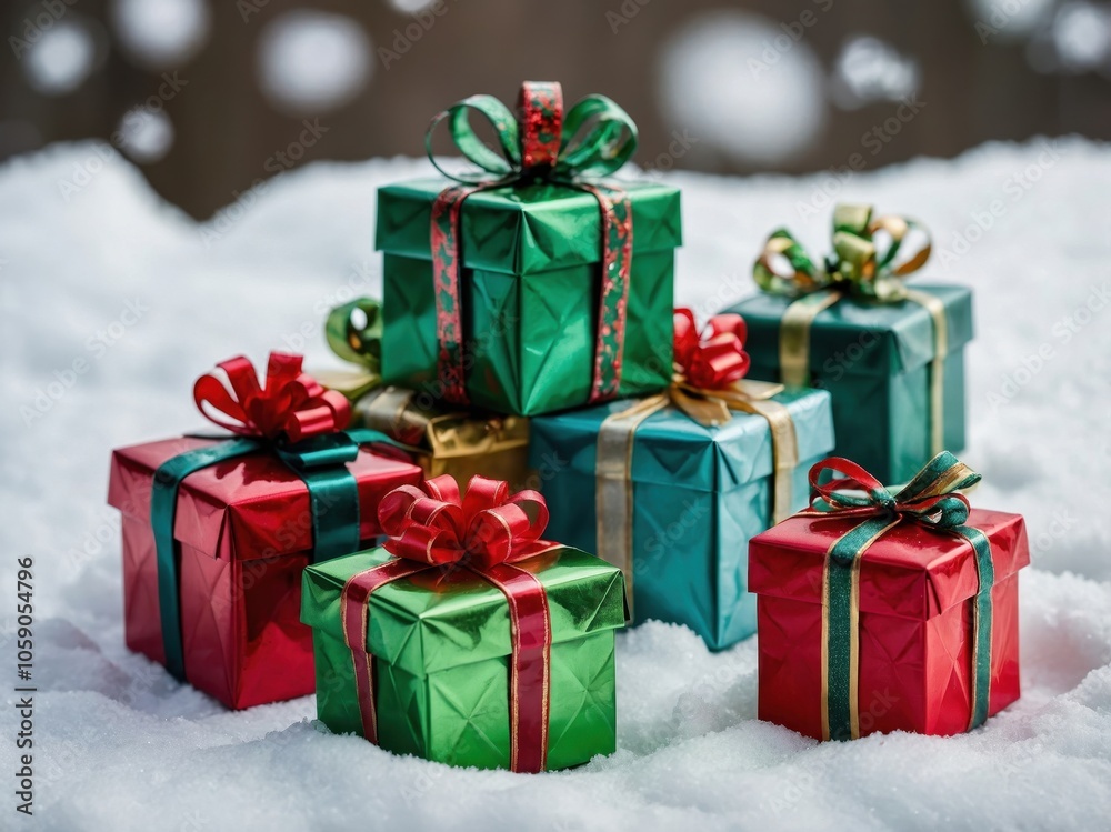 Colorful Christmas gift boxes scattered on a blanket of snow, radiating holiday cheer and excitement, perfect for celebrating the festive season Colorful Christmas gift boxes scattered on a blanket of snow, radiating holiday cheer and excitement, perfect for celebrating the festive season