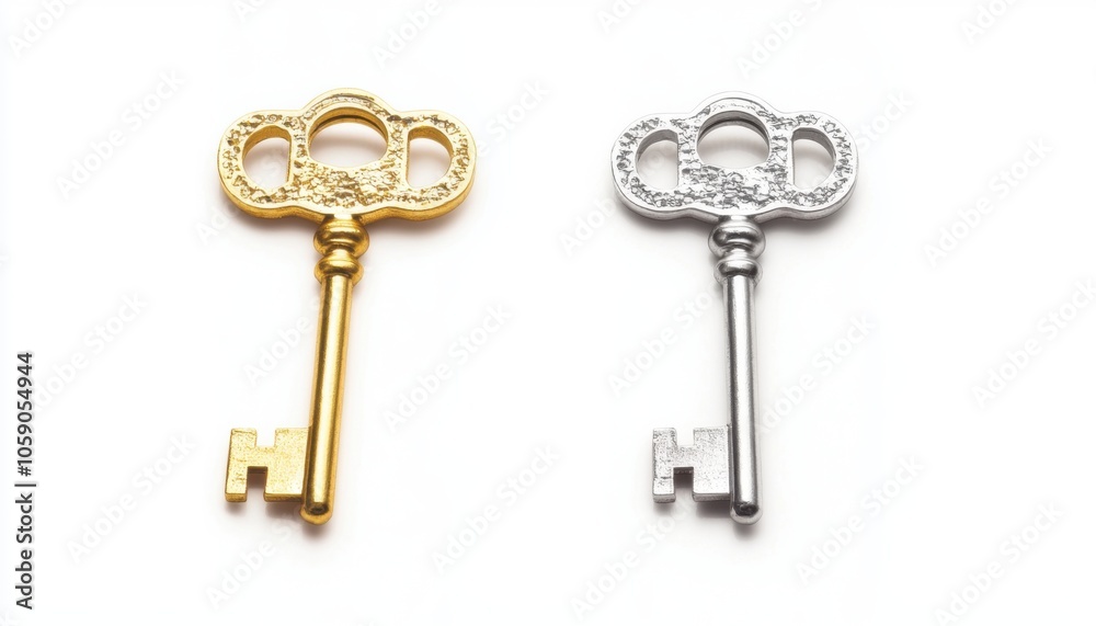 Two ornate keys, one gold and one silver, displayed side by side, showcasing their intricate designs and potential symbolic meanings. Two ornate keys, one gold and one silver, displayed side by side, showcasing their intricate designs and potential symbolic meanings.