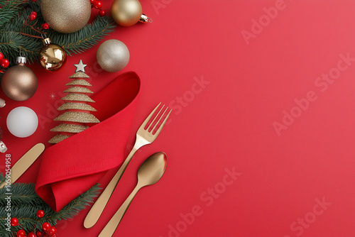 Festive Christmas table setting with a red plate and gold cutlery on a vibrant red background.