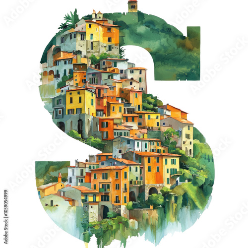 Watercolor Illustration of a Village Shaped Like the Letter S