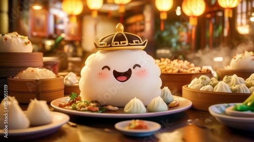 Cute Dumpling Character with Food Surroundings