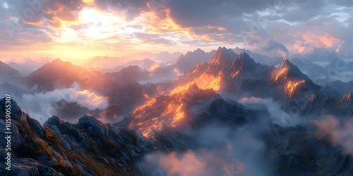 A breathtaking view of majestic mountains at sunset, capturing vibrant hues of orange and gold against a backdrop of misty valleys and dramatic cloud formations.