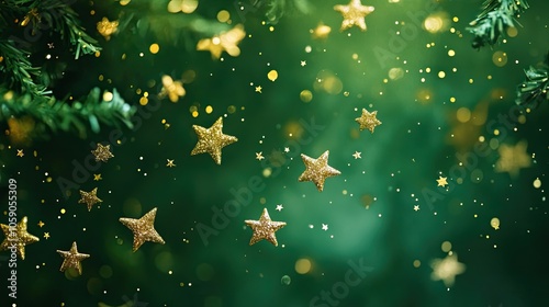 Sparkling gold stars fall against a deep green background, creating a magical and festive atmosphere.