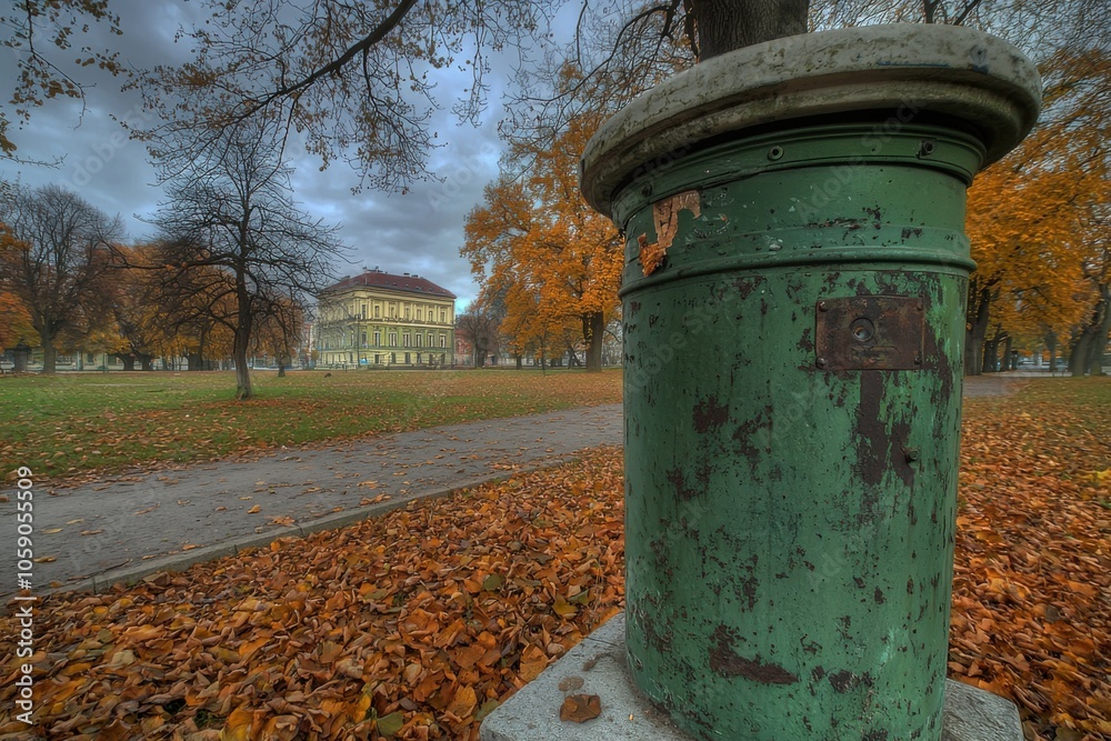 A green cylindrical post stands in a park surrounded by autumn leaves, with a historic building in the background under a cloudy sky. A green cylindrical post stands in a park surrounded by autumn leaves, with a historic building in the background under a cloudy sky.