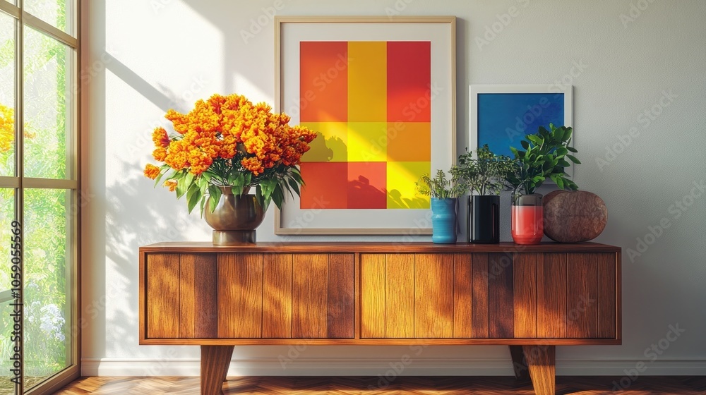 A mid-century modern living room with a wooden cabinet, framed artwork, and colorful plants.