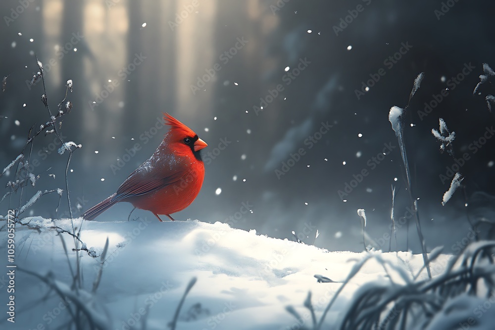 A vibrant red cardinal stands on snow in a serene, snowy forest setting. A vibrant red cardinal stands on snow in a serene, snowy forest setting.