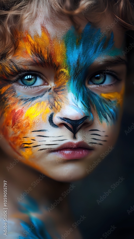 Vibrant face paint transforms a child into a mesmerizing feline creature, with piercing blue eyes and colorful feather-like patterns adorning the skin. Vibrant face paint transforms a child into a mesmerizing feline creature, with piercing blue eyes and colorful feather-like patterns adorning the skin.
